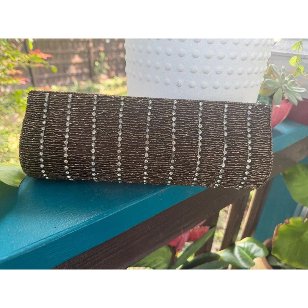 Beaded evening Brown Clutch with Rhinestones NOS